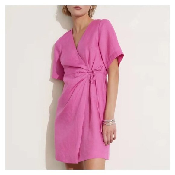 & OTHER STORIES PINK LINEN DIAGONAL WRAP DRESS SIZE EU 36 - Picture 6 of 14